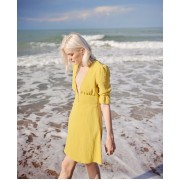 Yellow deep V linen short-sleeved dress