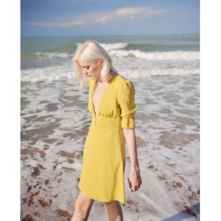 Yellow deep V linen short-sleeved dress