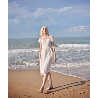 Off-the-shoulder linen dress with sleeves