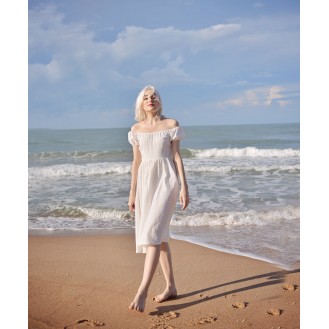 Off-the-shoulder linen dress with sleeves