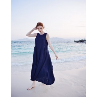 Summer Blue Linen Sleeveless Dress
