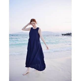 Summer Blue Linen Sleeveless Dress